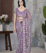 Purple butterfly net graceful embroidery work partywear saree