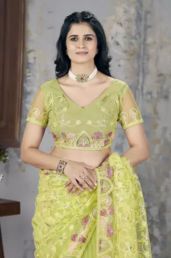 Green butterfly net graceful embroidery work partywear saree