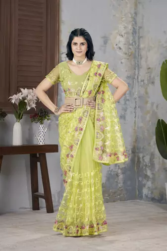 Green butterfly net graceful embroidery work partywear saree