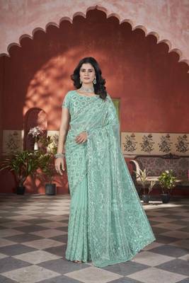 Sea green tissue net glamorous partywear saree 1