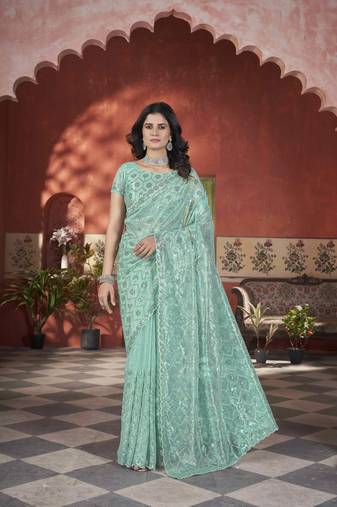 Sea green tissue net glamorous partywear bollywood saree