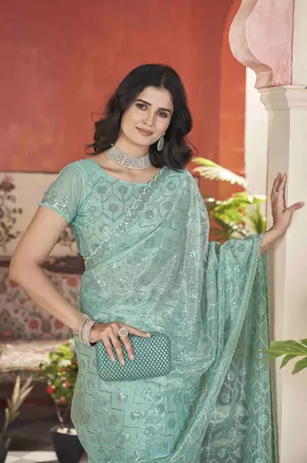Sea green tissue net glamorous partywear saree