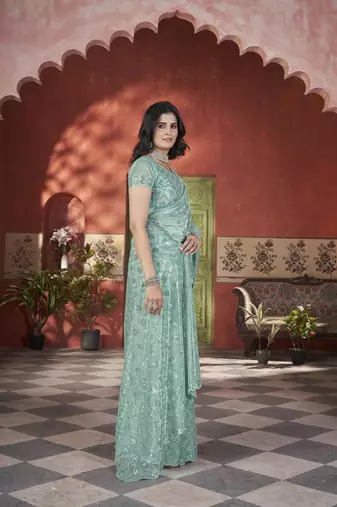 Sea green tissue net glamorous partywear saree