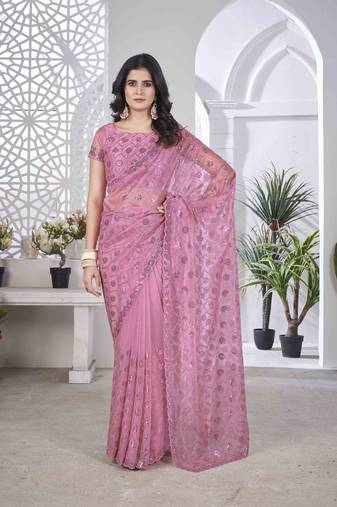 Pink tissue net glamorous partywear bollywood saree