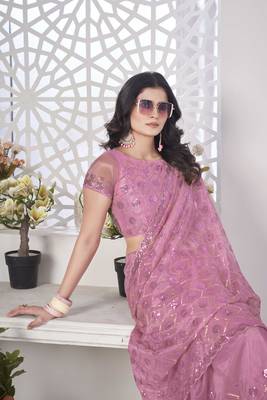 Pink tissue net glamorous partywear saree 4