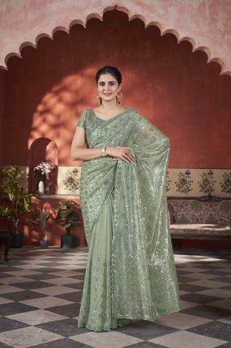 Pista tissue net glamorous partywear bollywood saree