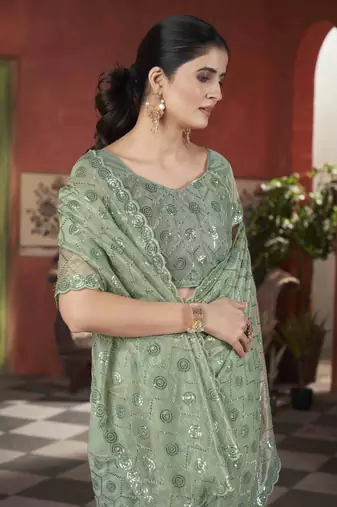 Pista tissue net glamorous partywear saree