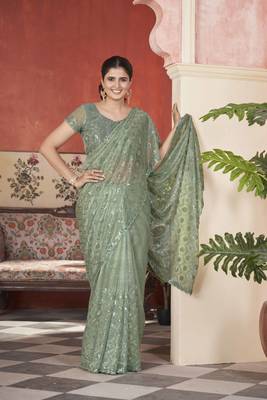 Pista tissue net glamorous partywear saree 6