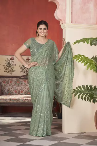 Pista tissue net glamorous partywear saree