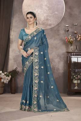 Blue gold crunchy ethnic partywear glamorous saree 1