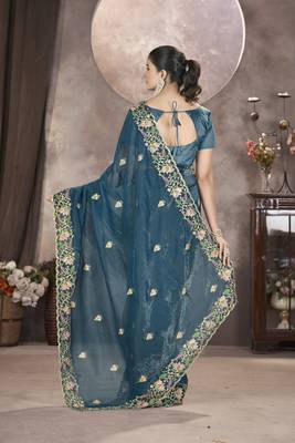 Blue gold crunchy ethnic partywear glamorous saree 2