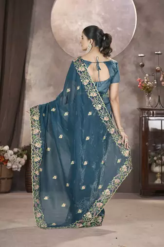 Blue gold crunchy ethnic partywear glamorous saree