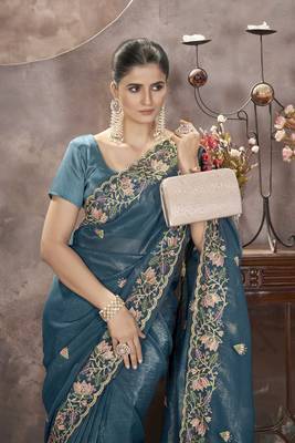 Blue gold crunchy ethnic partywear glamorous saree 3
