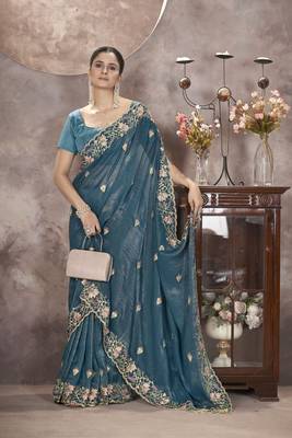 Blue gold crunchy ethnic partywear glamorous saree 5
