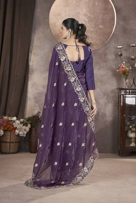 Purple gold crunchy ethnic partywear glamorous saree 2
