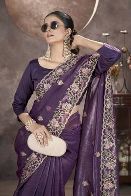 Purple gold crunchy ethnic partywear glamorous saree 3