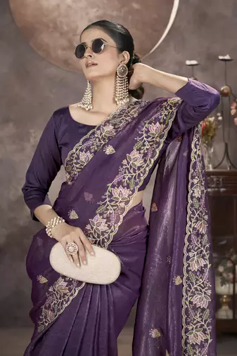 Purple gold crunchy ethnic partywear glamorous saree