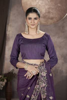 Purple gold crunchy ethnic partywear glamorous saree 4