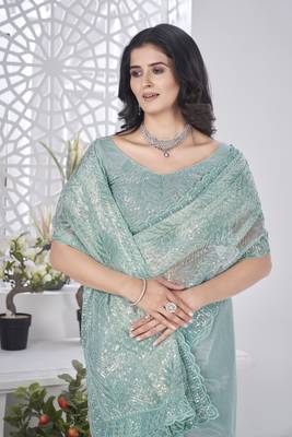 Sea green girlie tissue net c embroidered saree 4