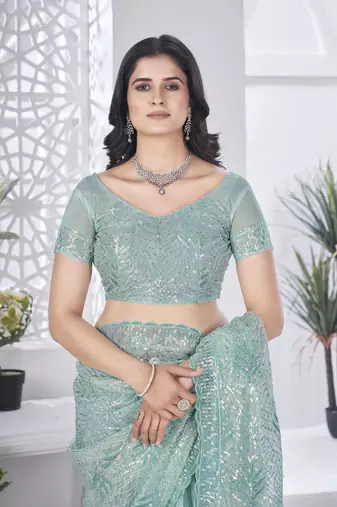 Sea green girlie tissue net c embroidered saree