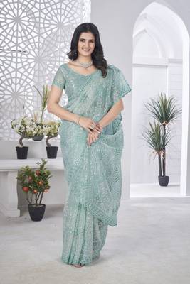 Sea green girlie tissue net c embroidered saree 6