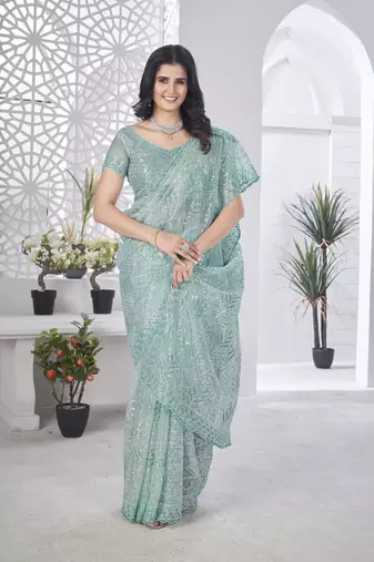 Sea green girlie tissue net c embroidered saree
