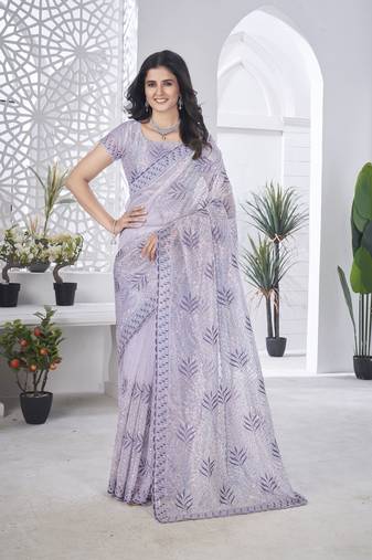 Lavender girlie tissue net c designer embroidered saree