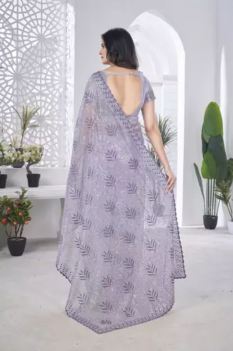 Lavender girlie tissue net c embroidered saree