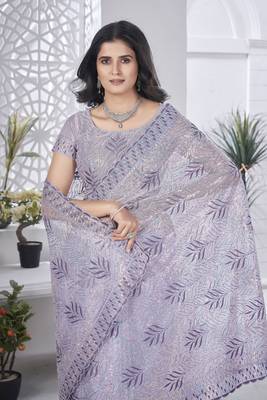 Lavender girlie tissue net c embroidered saree 4