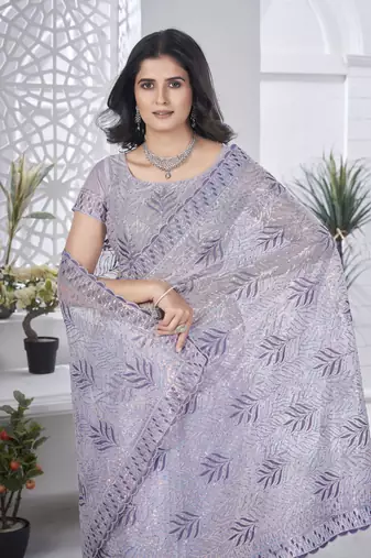Lavender girlie tissue net c embroidered saree