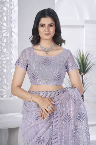 Lavender girlie tissue net c embroidered saree