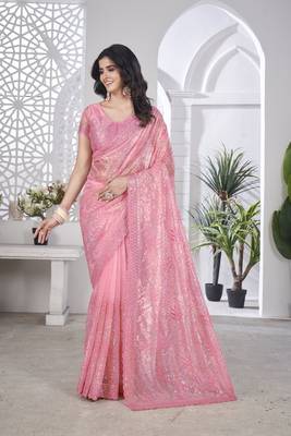 Pink girlie tissue net c embroidered saree 1