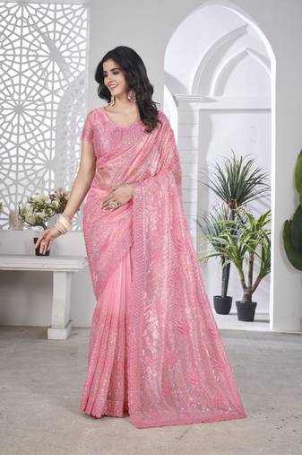 Pink girlie tissue net c designer embroidered saree