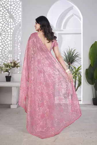 Pink girlie tissue net c embroidered saree