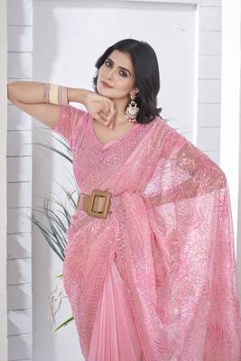 Pink girlie tissue net c embroidered saree 4