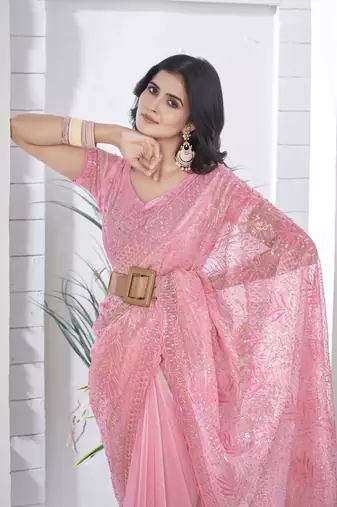 Pink girlie tissue net c embroidered saree