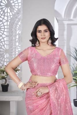 Pink girlie tissue net c embroidered saree 5