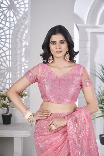 Pink girlie tissue net c embroidered saree