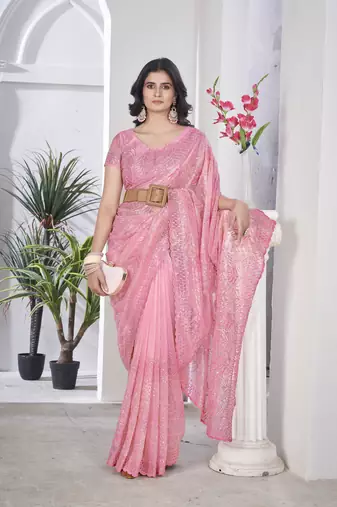 Pink girlie tissue net c embroidered saree