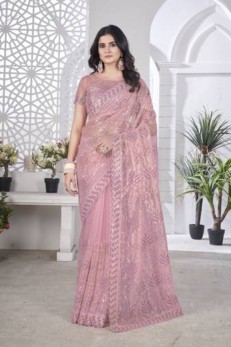 Purple girlie tissue net c designer embroidered saree