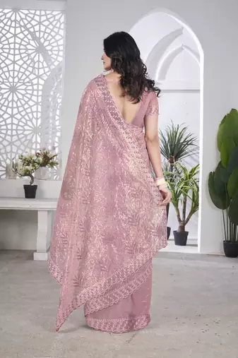 Purple girlie tissue net c embroidered saree