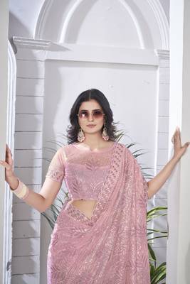 Purple girlie tissue net c embroidered saree 4