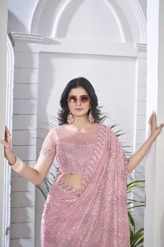 Purple girlie tissue net c embroidered saree