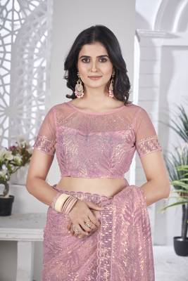 Purple girlie tissue net c embroidered saree 5