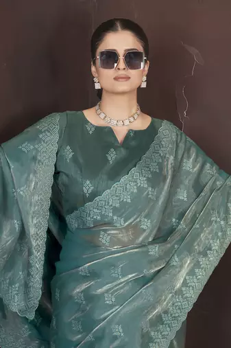 Teal stylish jimmy choo c ethnic sequins embroidered saree