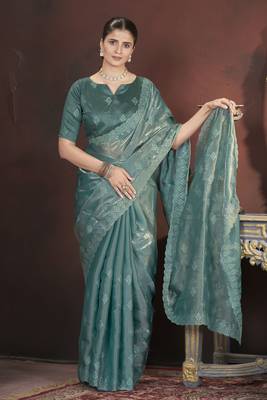 Teal stylish jimmy choo c ethnic sequins embroidered saree 5
