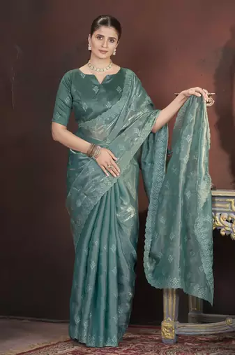 Teal stylish jimmy choo c ethnic sequins embroidered saree