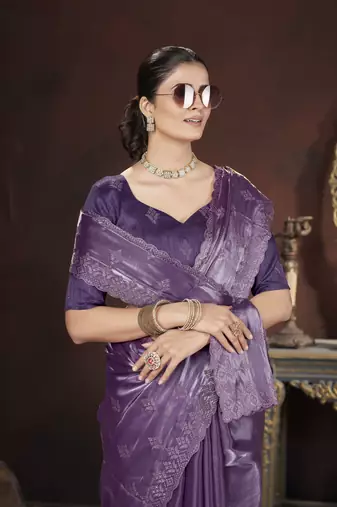 Purple stylish jimmy choo c ethnic sequins embroidered saree