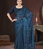 Teal blue stylish jimmy choo c ethnic sequins embroidered saree
