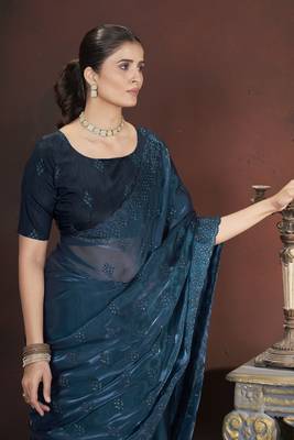 Teal blue stylish jimmy choo c ethnic sequins embroidered saree 3